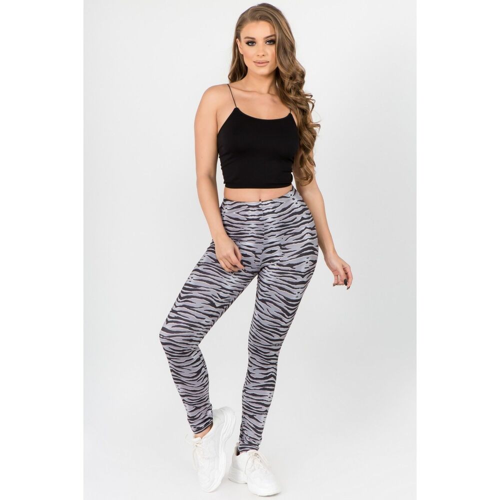 Black/Silver Tiger Print Peach Skin Leggings Women’s One Size High Rise, Stretch